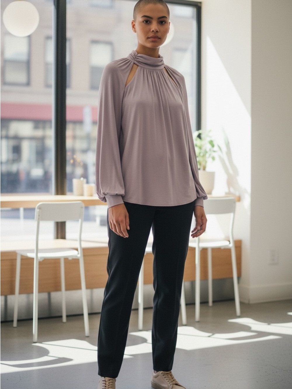 Lush Lavender High Neck Cutout Blouse Long Sleeve Mock Neck Top Medium NWT